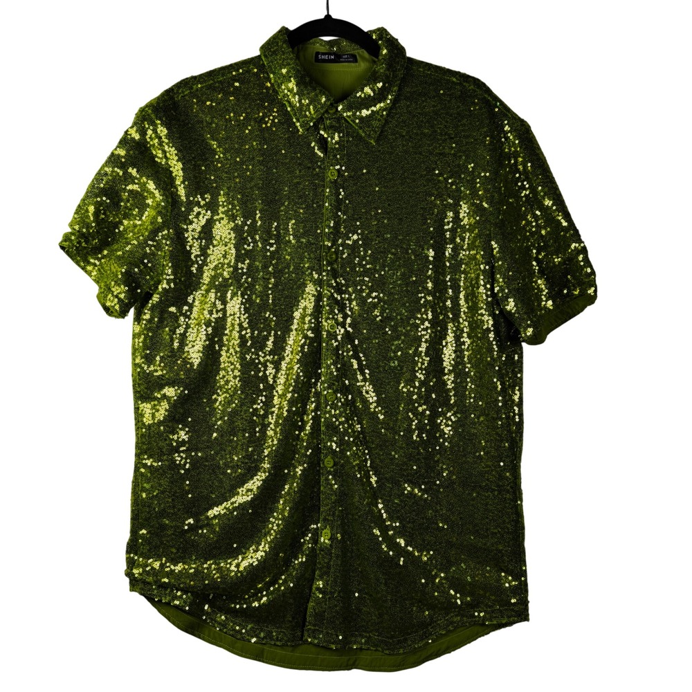 Shein Green Sequin Button Down Short Sleeve Shirt - Men's